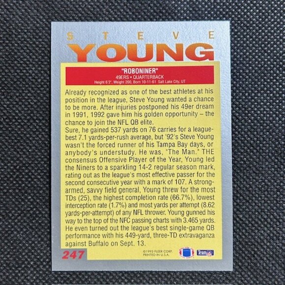 1993 Fleer Steve Young “Roboniner” #247 Pro Visions  San Francisco 49ers - Picture 2 of 2